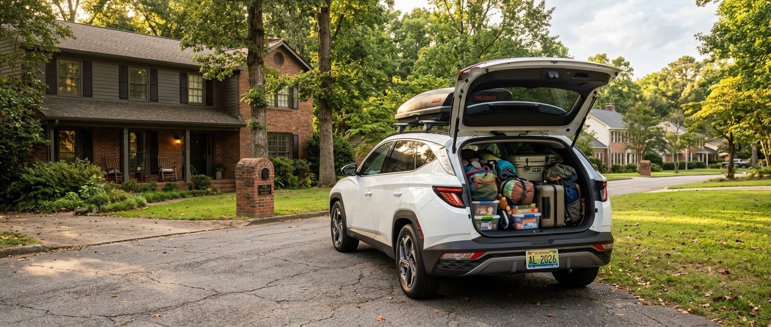 2026 Hyundai Tucson loaded with family gear in a Birmingham AL neighborhood driveway