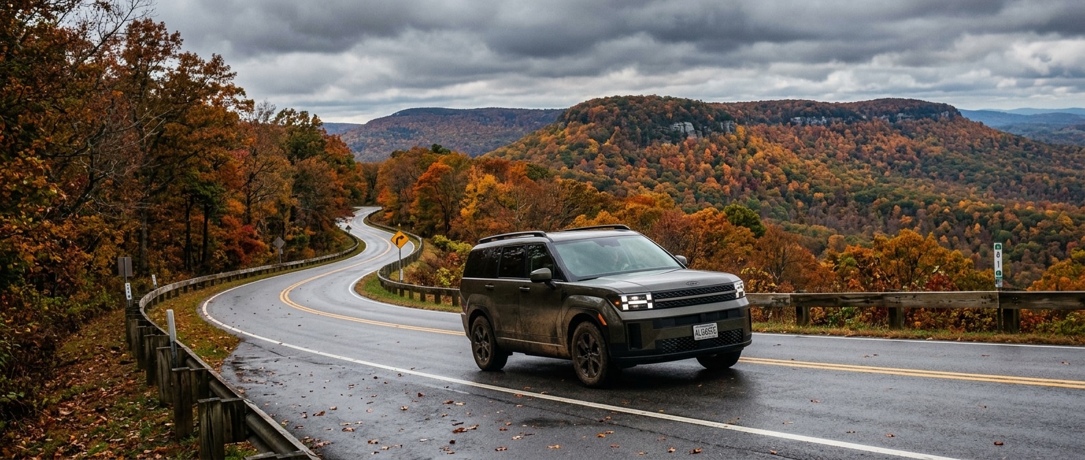 2026 Hyundai Santa Fe on a winding mountain road near Lookout Mountain, Alabama in autumn