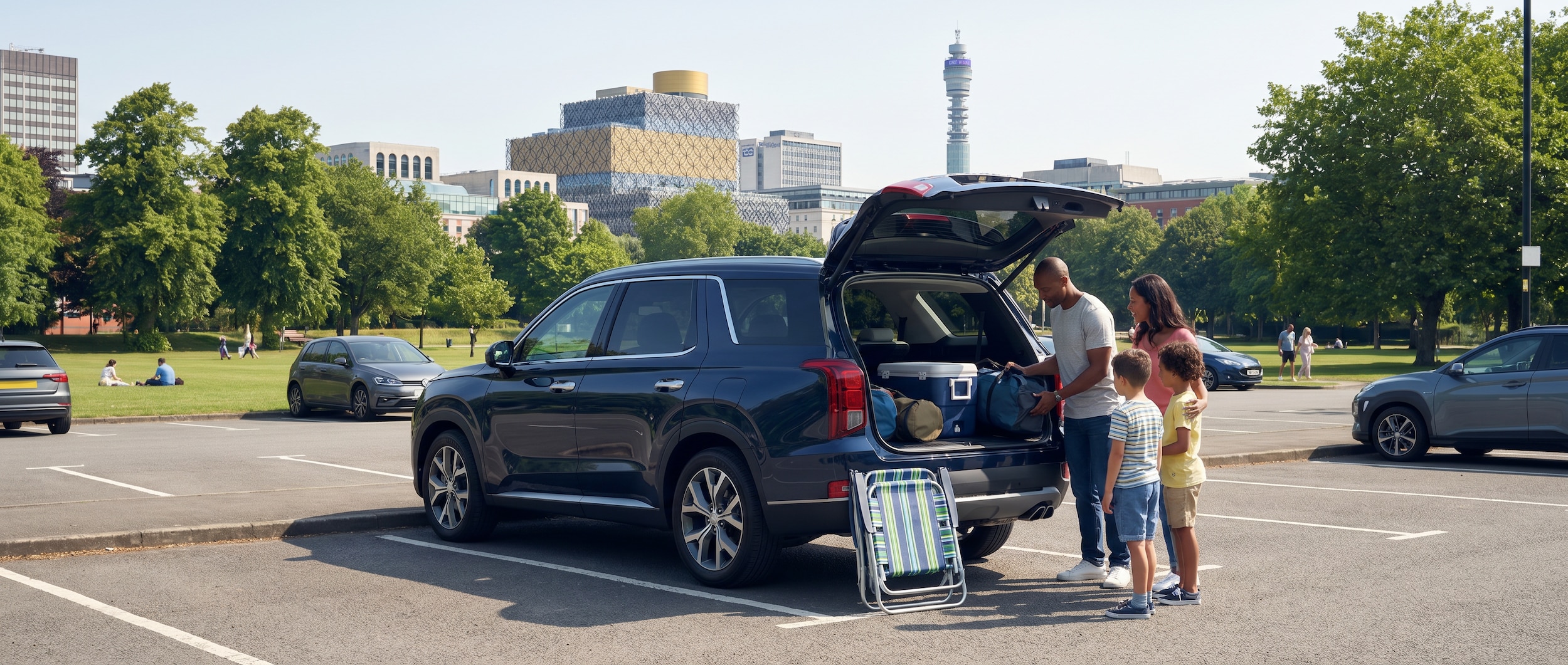 A family loading up a spacious SUV in a sunny Birmingham parking lot near a green urban park, with lawn chairs and a cooler visible in the open cargo area, trees and city skyline in the background.