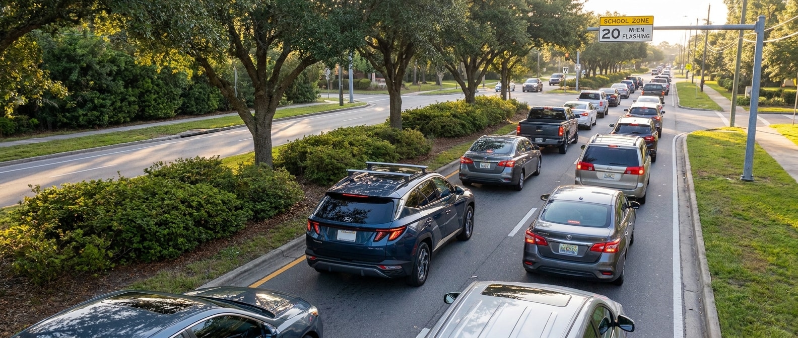 A 2026 Hyundai Tucson Hybrid in a deep navy or silver exterior traveling along a congested suburban boulevard in late summer morning light, school zone signage visible in the background, green Alabama roadside foliage, overhead shot angle conveying stop-and-go suburban traffic