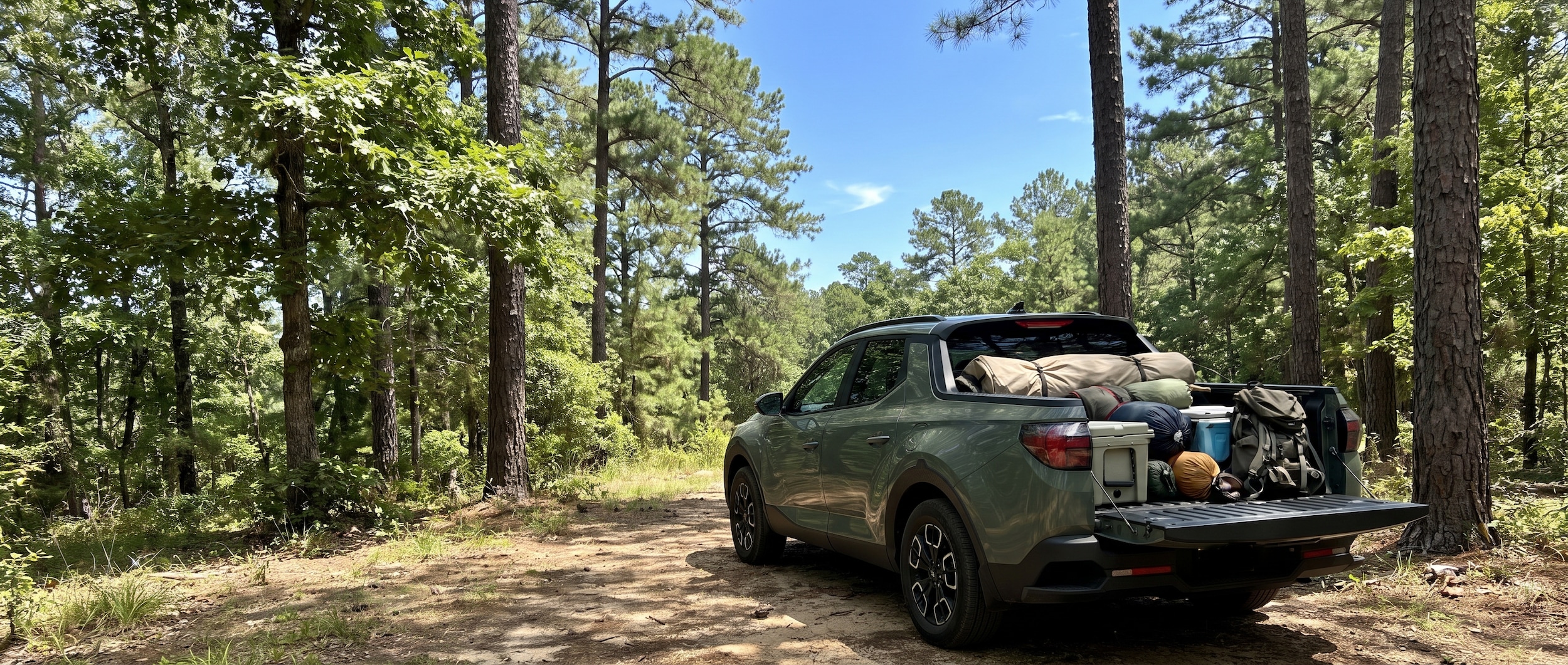 2026 Hyundai Santa Cruz in a rugged outdoor setting near a wooded Alabama state park trailhead on a sunny summer day, tailgate down with camping gear loaded in the open bed, blue sky background