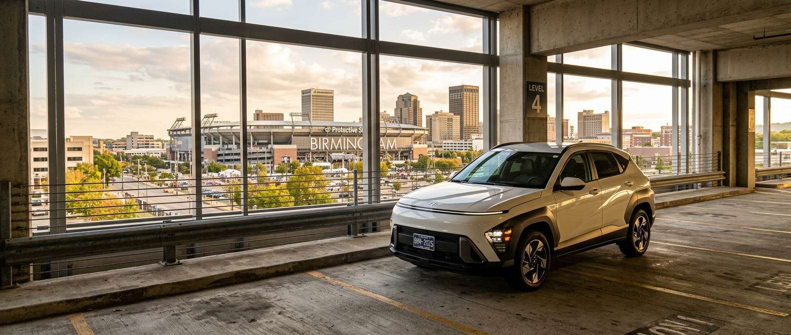 2026 Hyundai Kona parked in a downtown Birmingham parking garage near Protective Stadium
