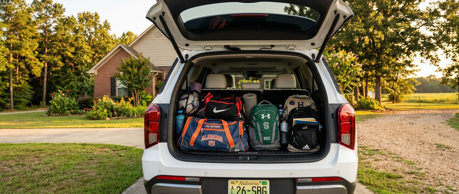 2026 Hyundai Palisade rear cargo area open with sports duffel bags and school backpacks loaded in, rear liftgate raised, photographed outdoors in warm late-summer Alabama light