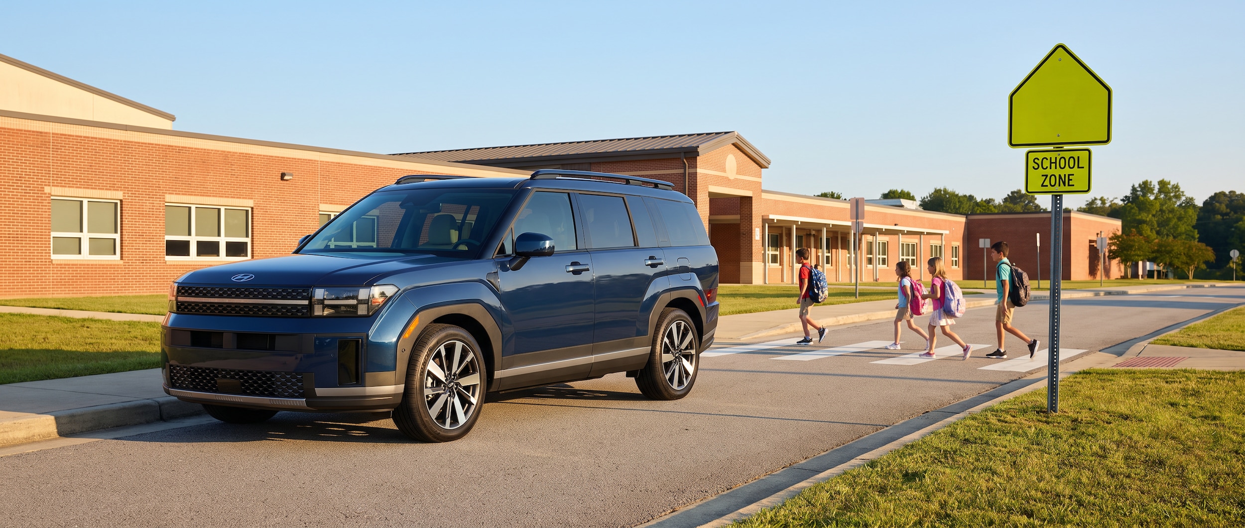 A 2026 Hyundai Santa Fe parked in front of a suburban Alabama school building during morning drop-off, with children walking across a crosswalk in the background and a school zone speed sign visible, bright summer morning light