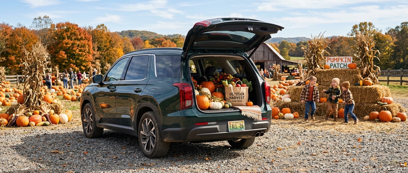 2026 Hyundai Palisade with liftgate open at a pumpkin patch in Helena Alabama, pumpkins loaded in cargo area on a fall day