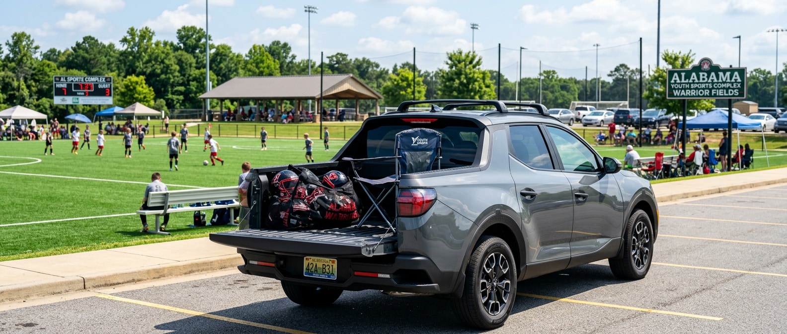 A 2026 Hyundai Santa Cruz in dark gray parked at an Alabama youth sports complex on a bright August morning, tailgate down with a mesh bag of helmets and a folding camp chair visible in the open bed, lush green turf field in the background.