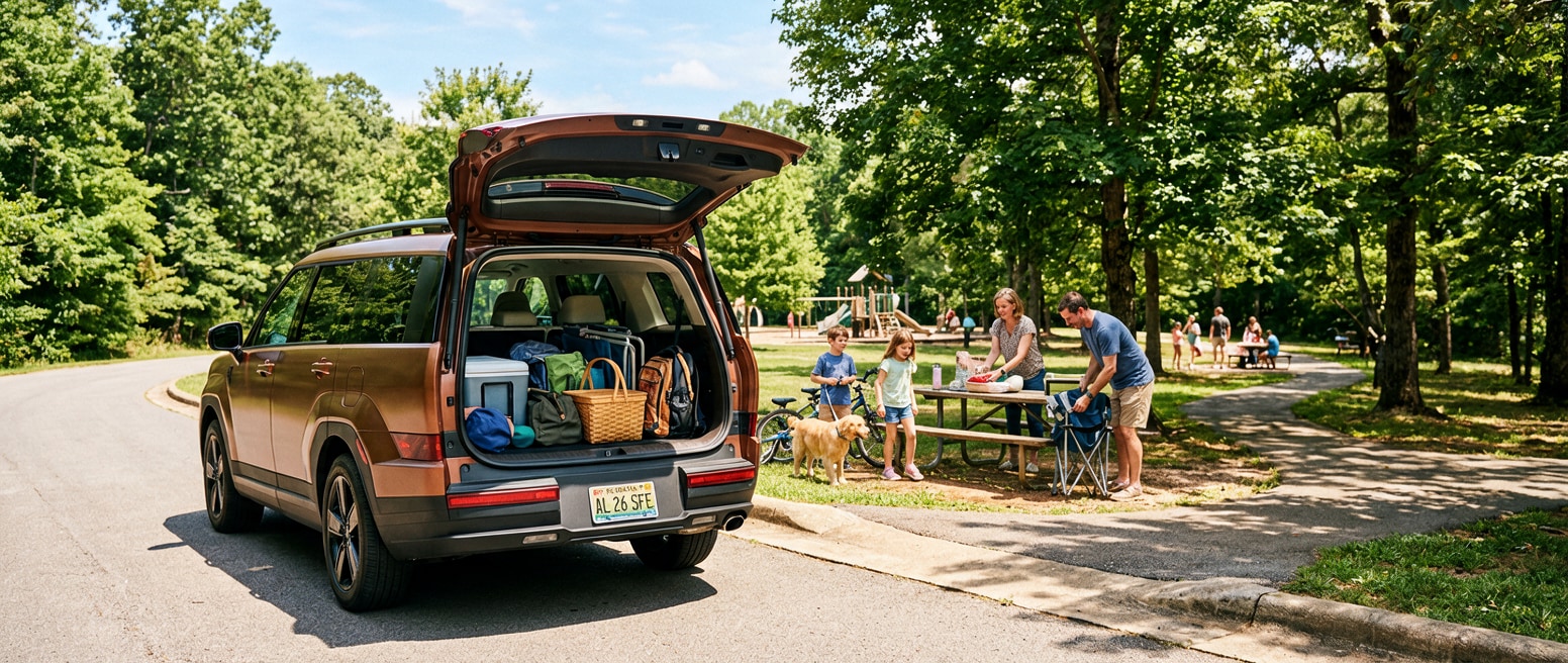 A 2026 Hyundai Santa Fe in a warm metallic color parked near a tree-lined suburban park setting on a sunny Alabama summer day, rear liftgate open showing cargo space, with a family visible in the background preparing for an outing