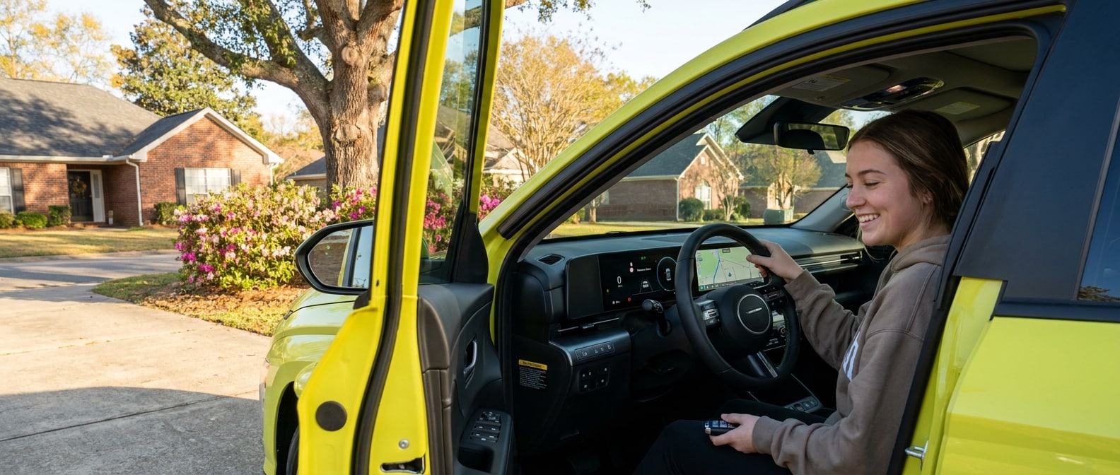 A 2026 Hyundai Kona in a bright exterior color parked in a suburban driveway on a sunny Alabama morning, with a young driver in the foreground reviewing the dashboard display, conveying a confident first-car moment
