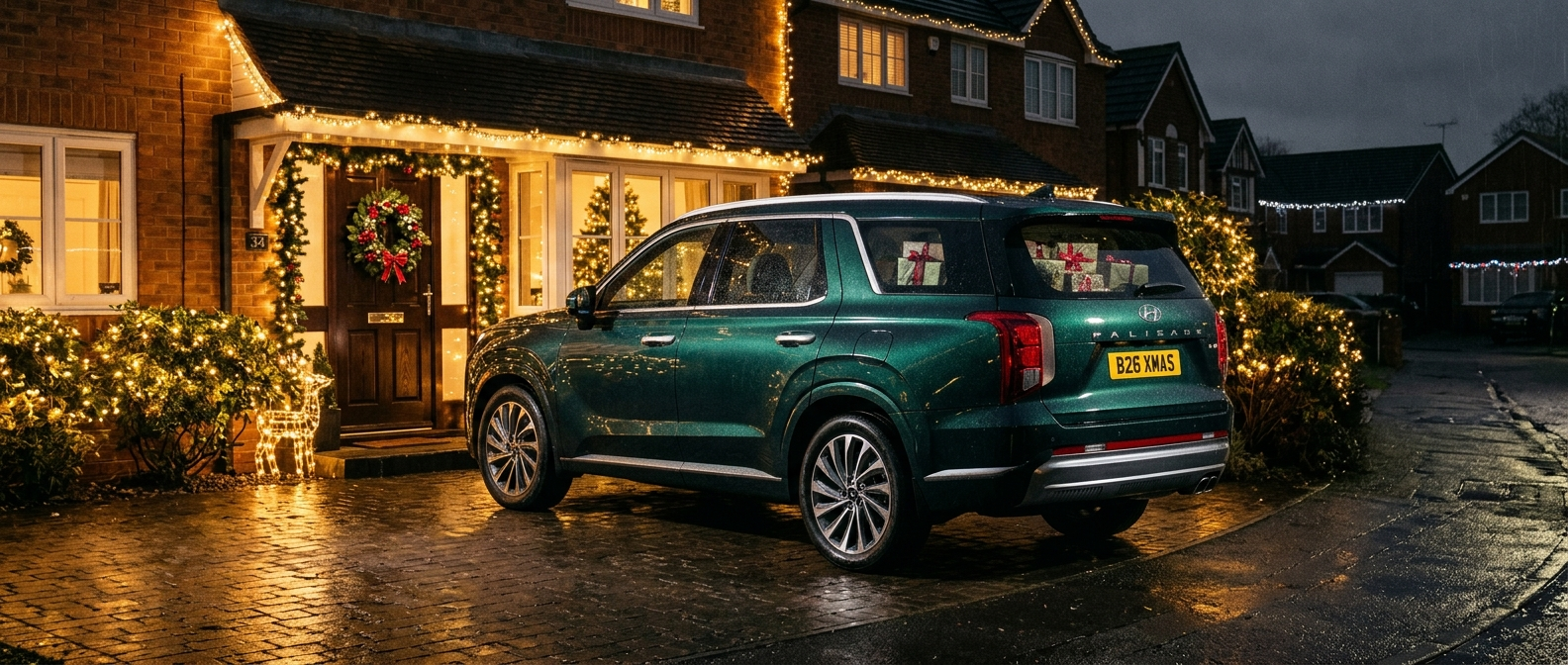 2026 Hyundai Palisade parked outside a Birmingham home on a rainy December evening with holiday lights