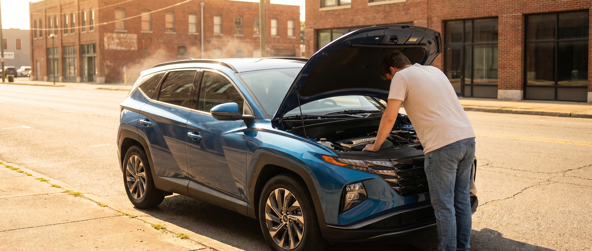 A 2026 Hyundai Tucson parked on a sun-drenched Birmingham city street in summer, heat shimmering off asphalt, owner lifting hood to check fluid levels in bright afternoon light