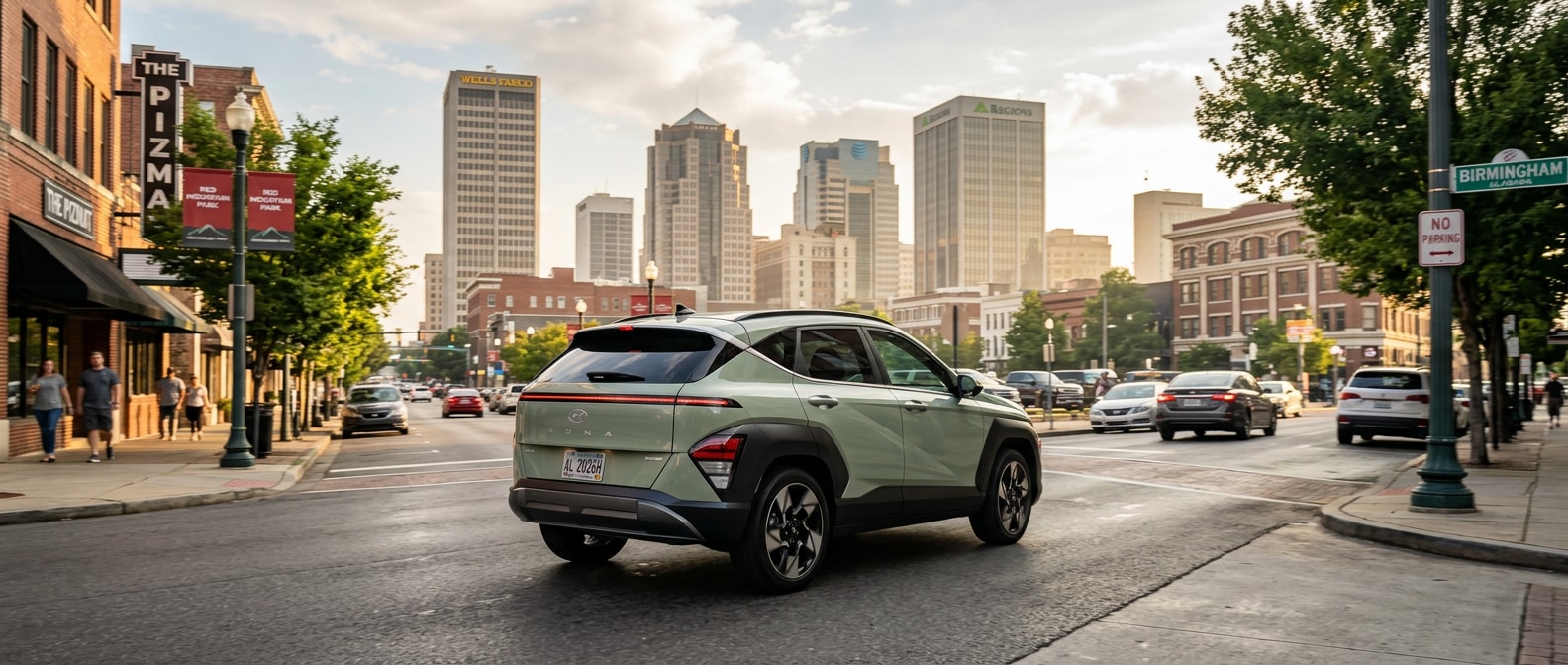 2026 Hyundai Kona in a dynamic three-quarter angle on a sun-drenched Birmingham, AL urban street with a downtown skyline visible in the summer haze, late-afternoon Alabama light