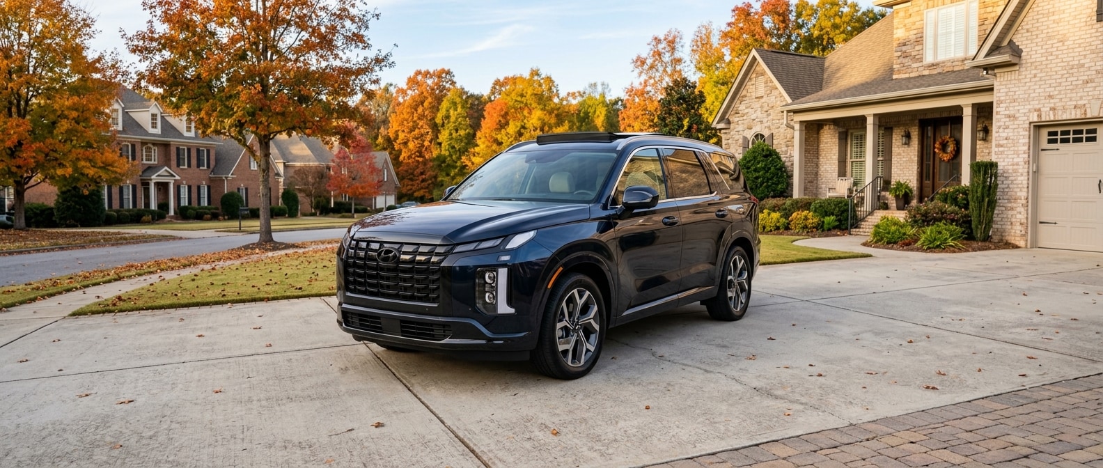 2027 Hyundai Palisade three-row family SUV parked in Hoover Alabama suburban neighborhood in autumn