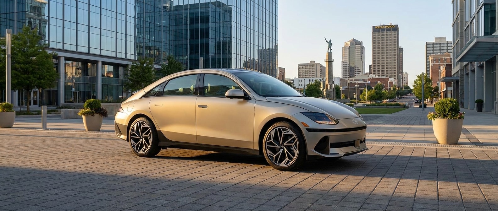2025 Hyundai IONIQ 6 sedan parked in downtown Birmingham AL near Innovation Depot district