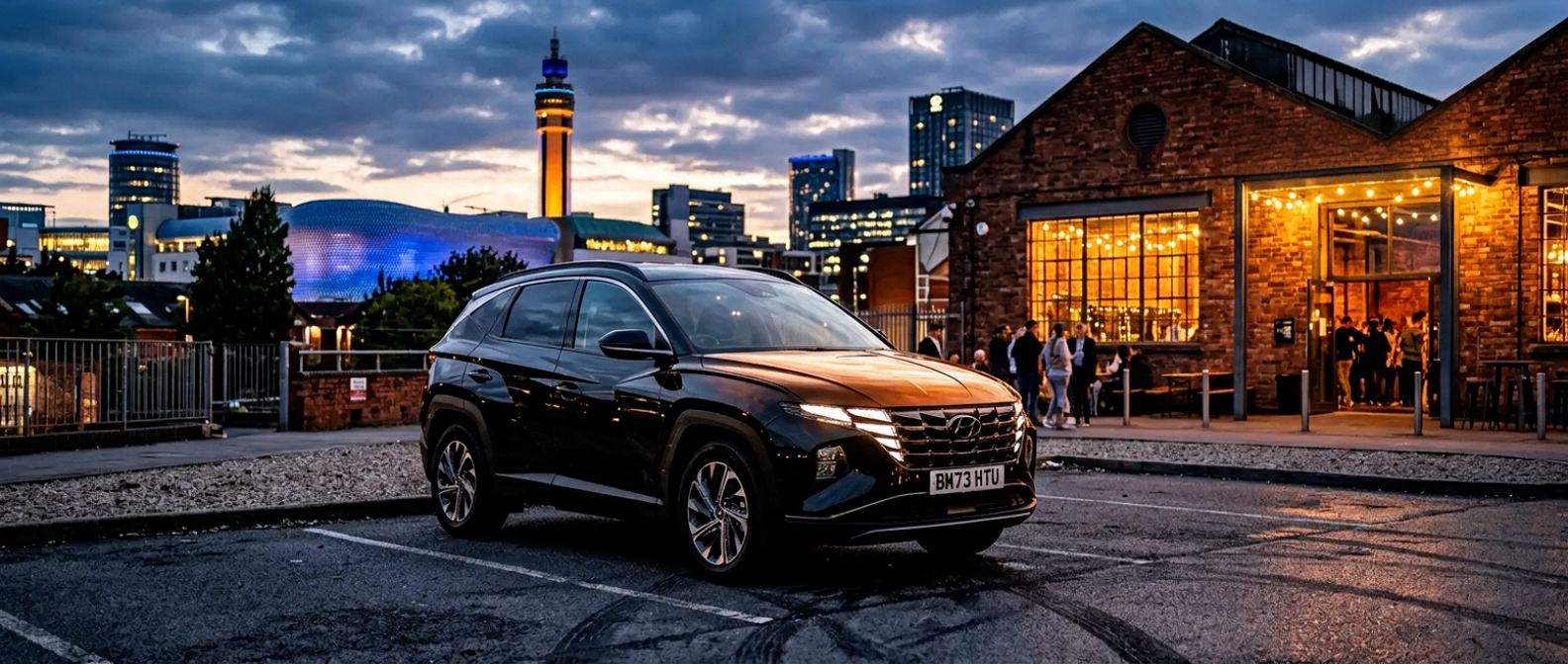 2023 Hyundai Tucson parked near Sloss Furnaces in Birmingham at dusk with event lighting