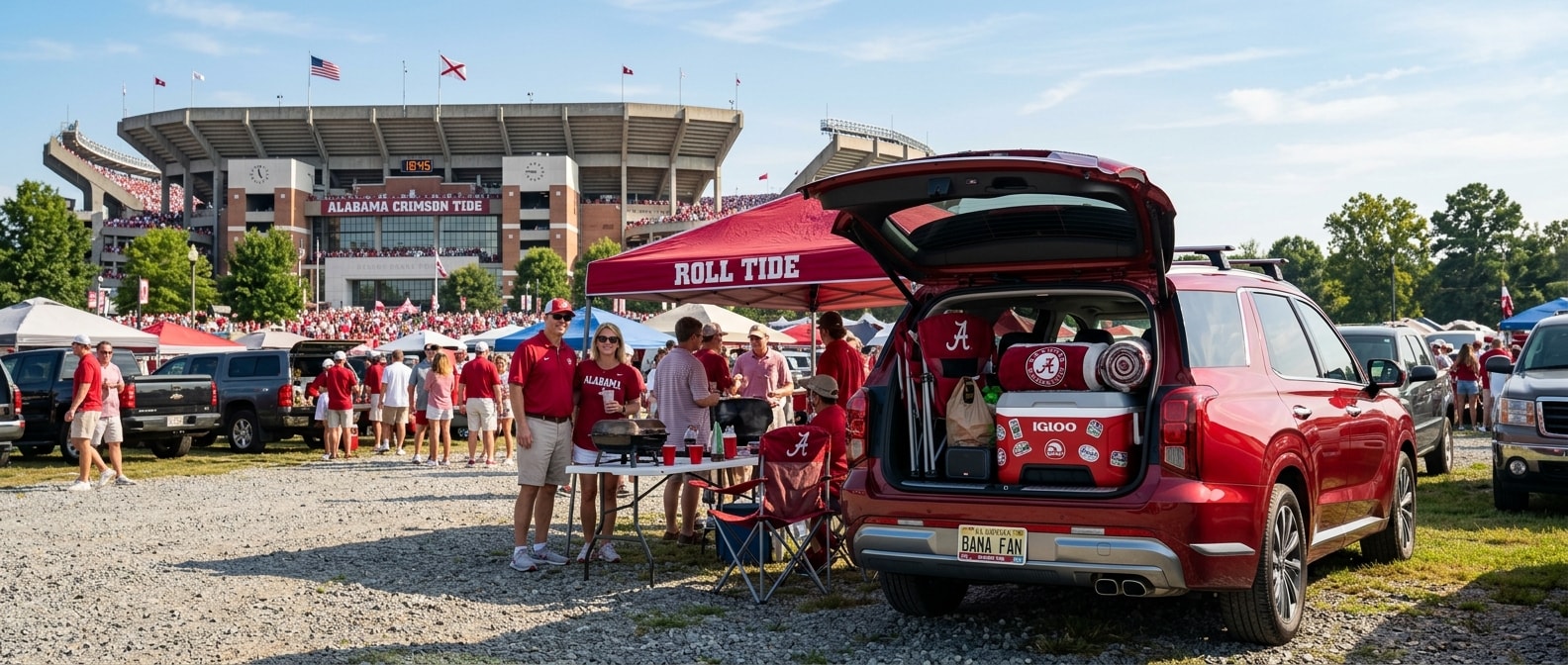 2026 Hyundai Palisade with liftgate open loaded for a Tuscaloosa Alabama game day tailgate