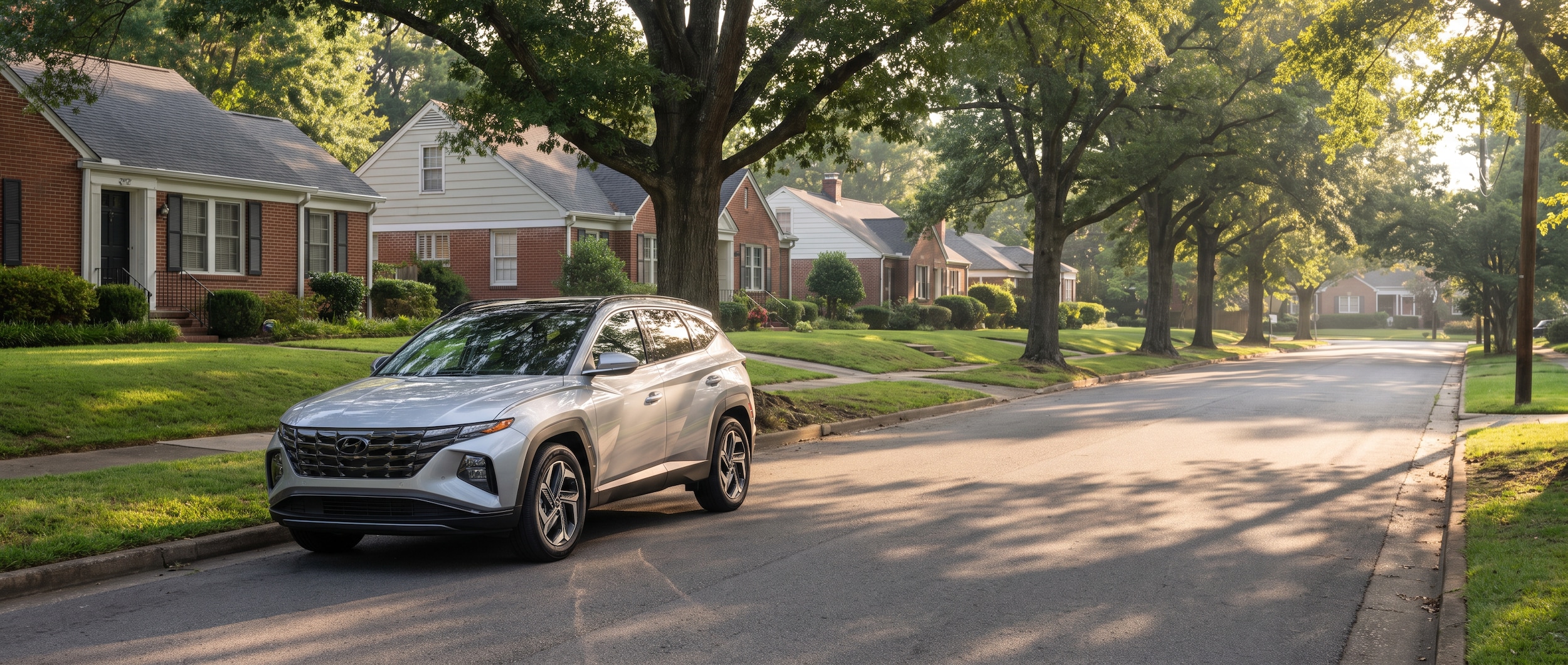 A 2026 Hyundai Tucson Hybrid in silver parked on a tree-lined suburban street in Vestavia Hills, Alabama in summer morning light, with a school backpack visible through the rear window
