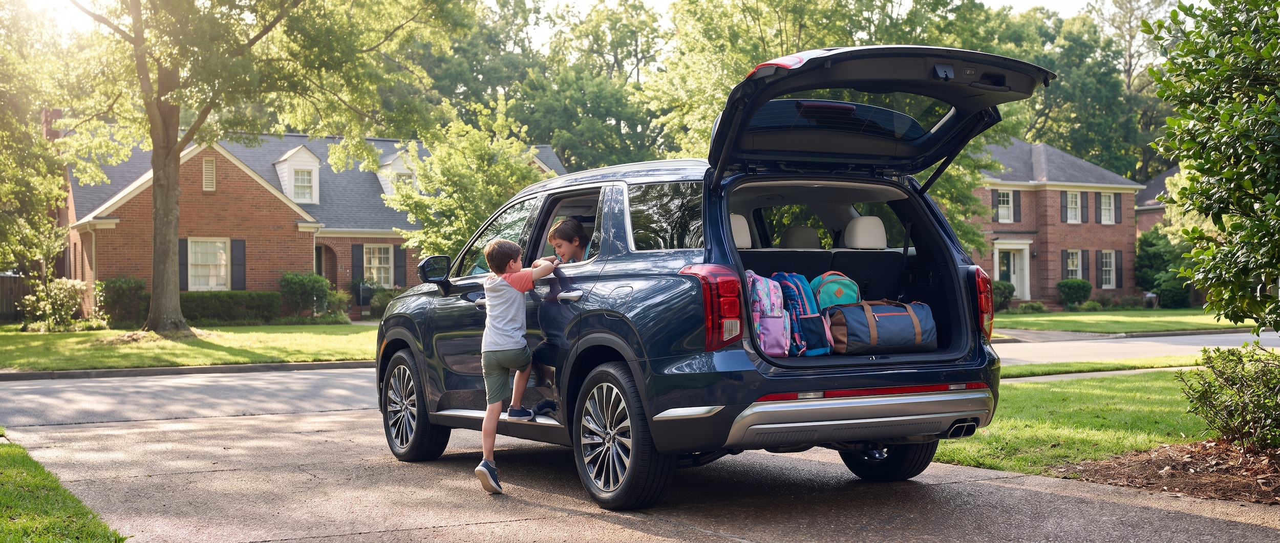 A 2026 Hyundai Palisade in a suburban Birmingham setting on a bright August morning, rear liftgate open showing cargo area loaded with school backpacks and a sports bag, two kids climbing into the second row, green tree-lined neighborhood street in background