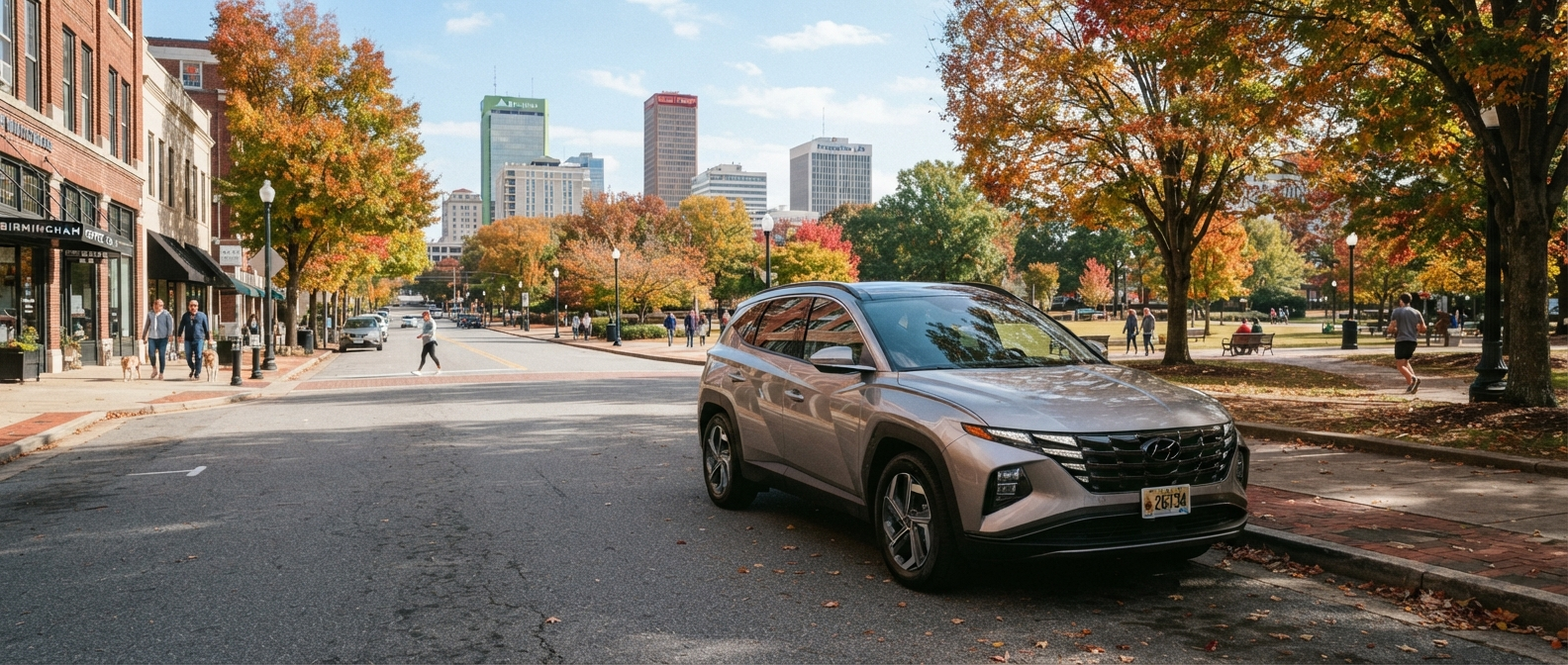 2026 Hyundai Tucson parked near downtown Birmingham with Railroad Park greenspace in the background