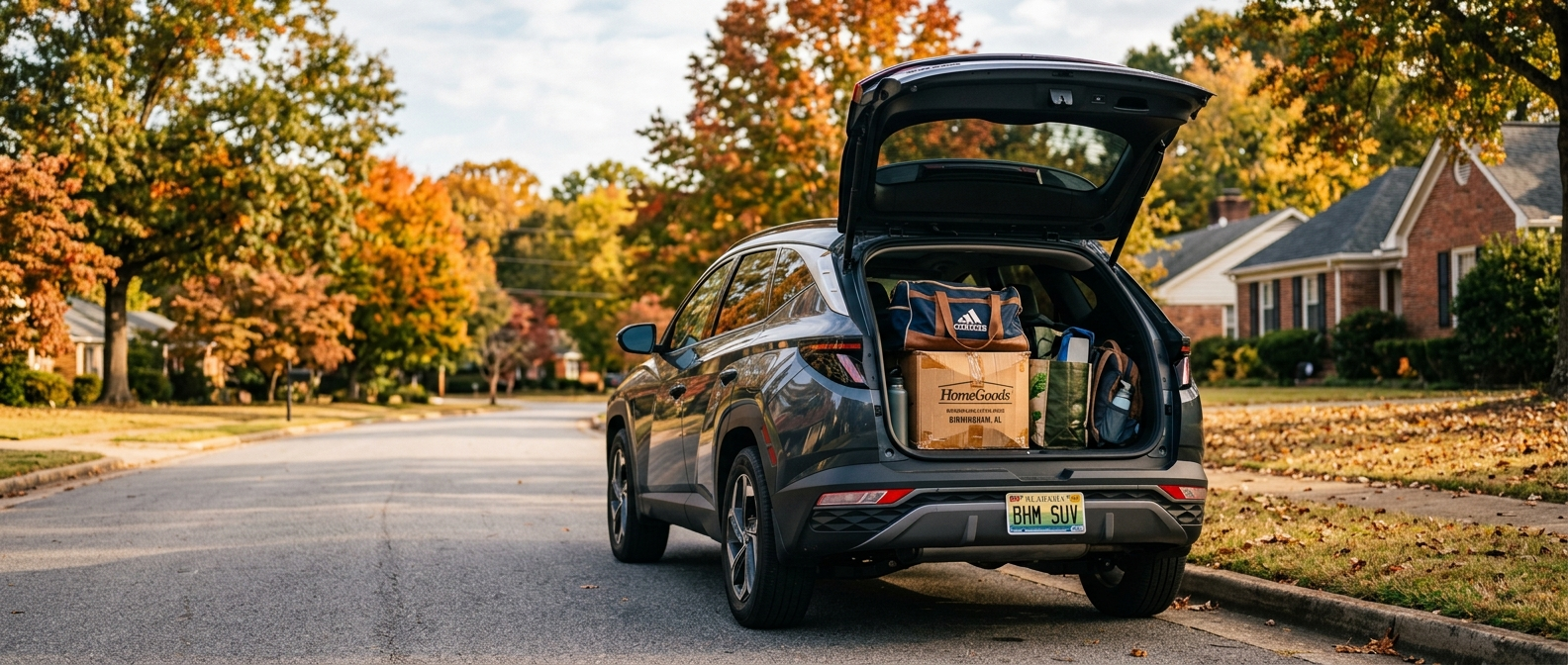 2026 Hyundai Tucson Hybrid with open cargo area loaded for a fall commute on Highway 280, Birmingham AL