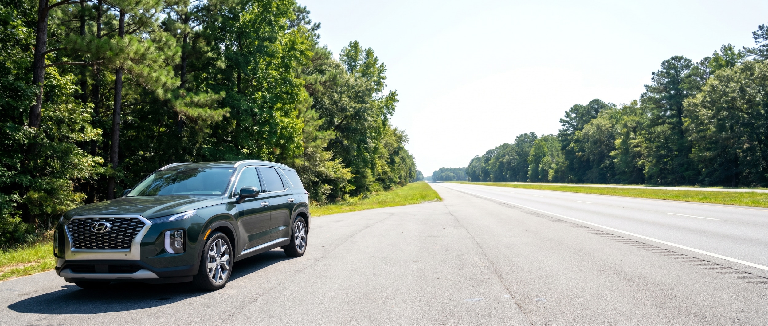 A clean Hyundai SUV parked at a rest stop along a highway, surrounded by green Alabama trees, with open road stretching ahead toward a bright horizon