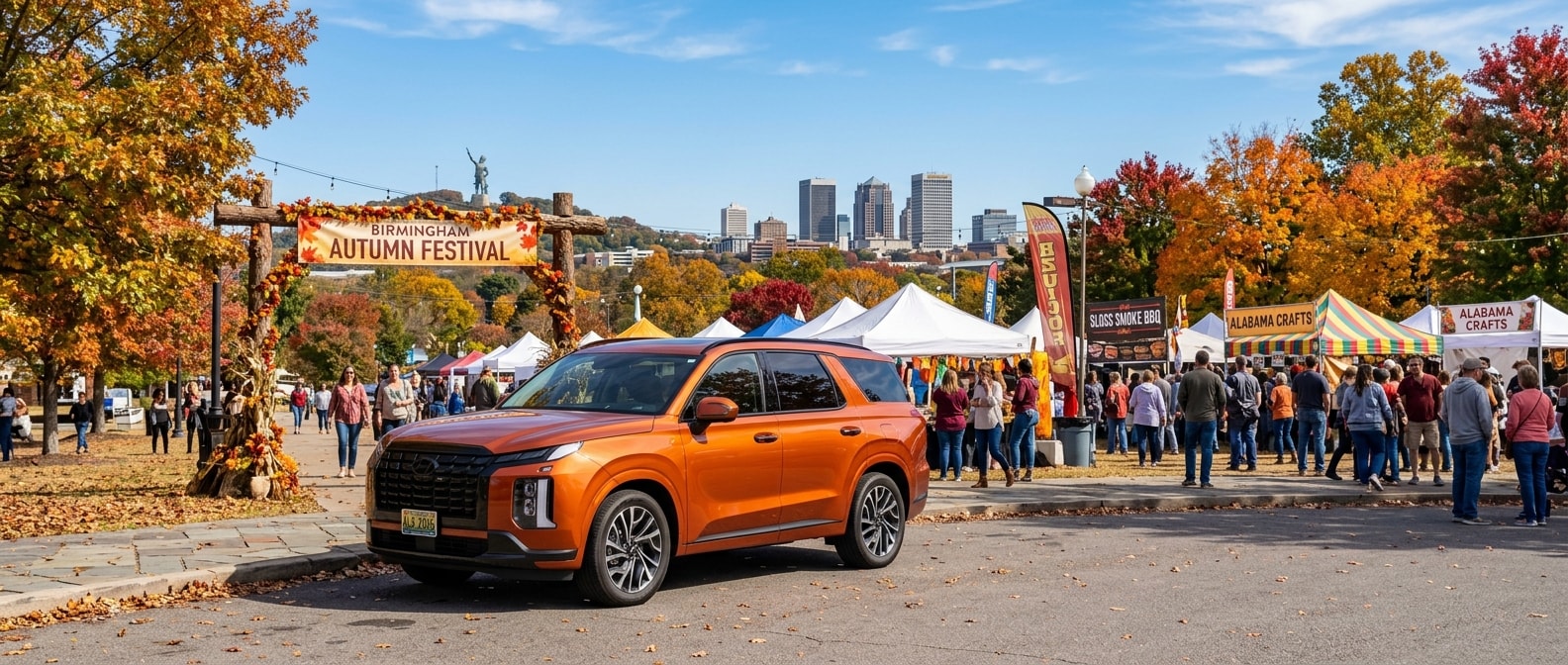 2026 Hyundai Palisade parked at a Birmingham fall festival with autumn foliage
