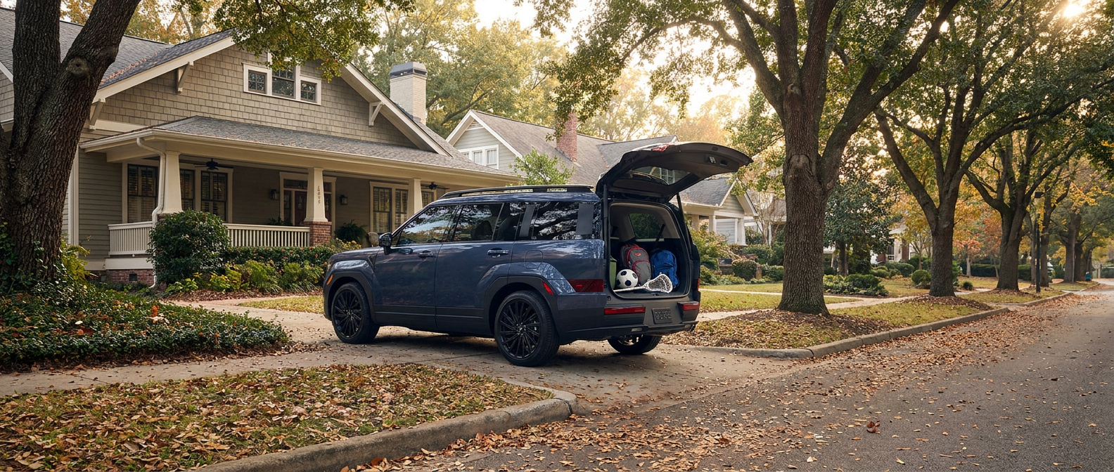 2026 Hyundai Santa Fe with liftgate open parked in a Trussville Alabama neighborhood on a fall afternoon