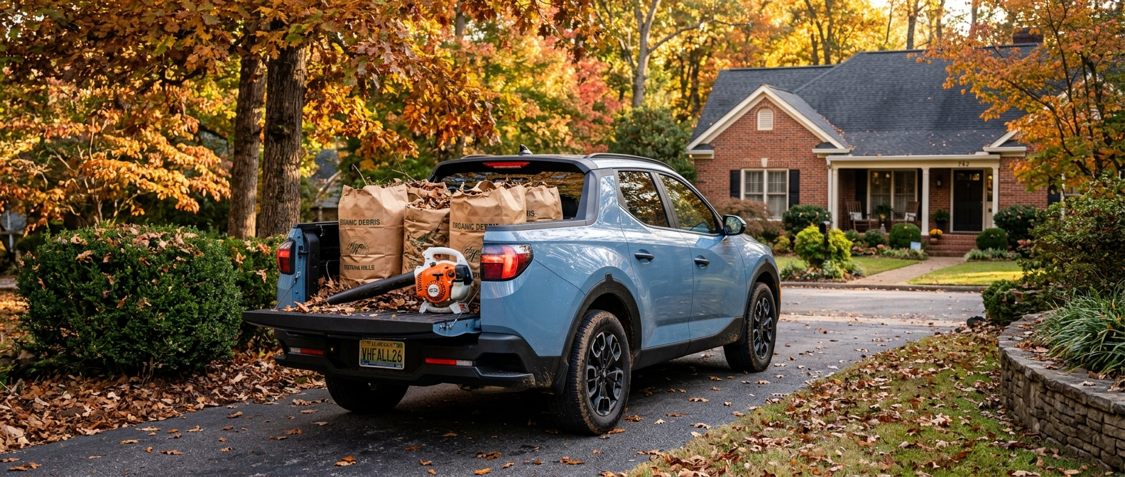 2026 Hyundai Santa Cruz with tailgate down loaded with fall yard debris bags in a Vestavia Hills, AL suburban driveway