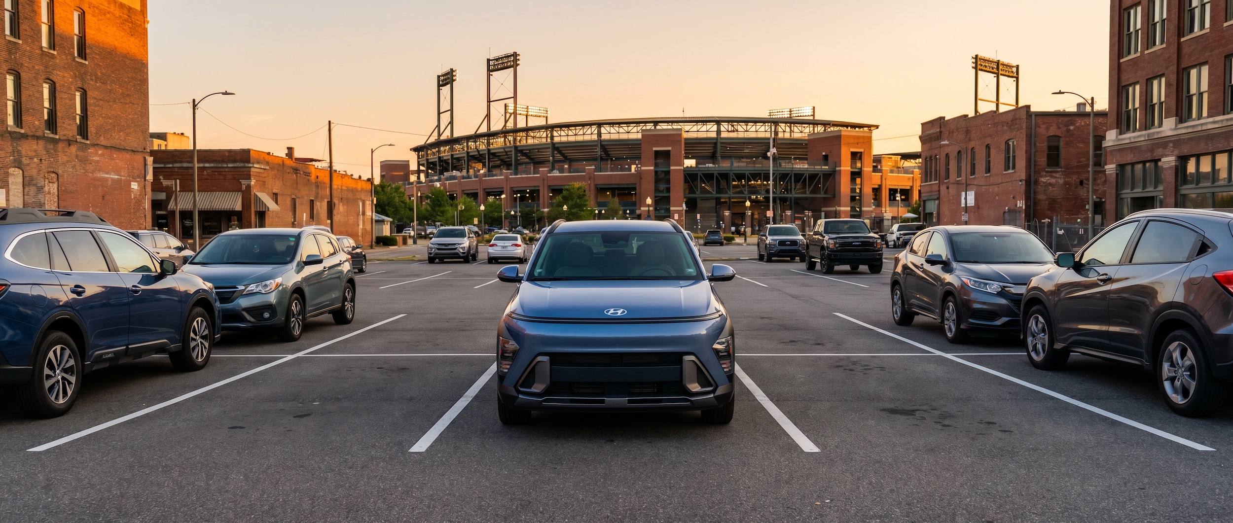 A 2026 Hyundai Kona parked neatly in a compact urban surface lot in downtown Birmingham, AL, on a bright summer evening with a baseball stadium visible in the background. The Kona's compact silhouette fits cleanly between two parking lines, emphasizing its city-sized footprint.