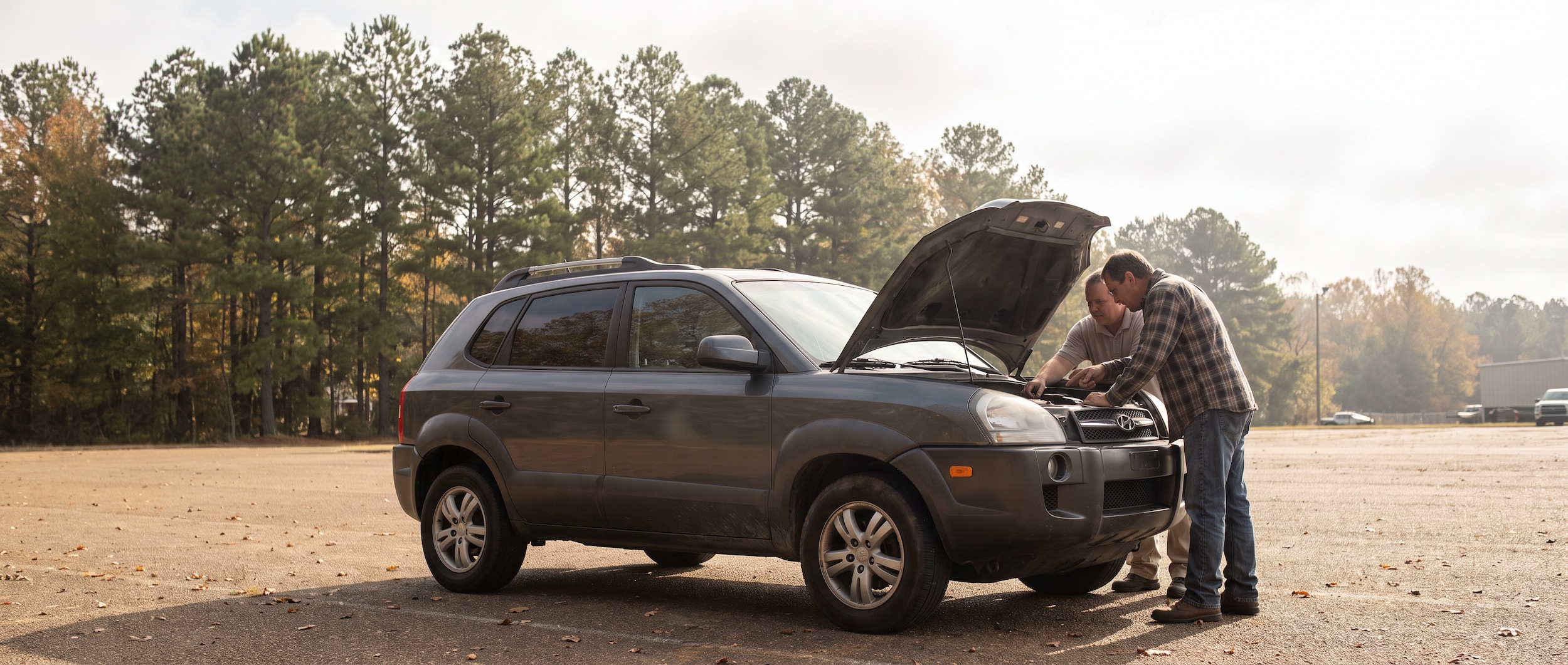 Used Hyundai Tucson with hood open during pre-purchase inspection at a Flowood, MS dealership lot