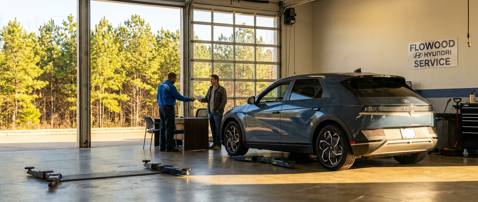 Hyundai service advisor handing maintenance invoice to customer at Flowood MS dealership service bay