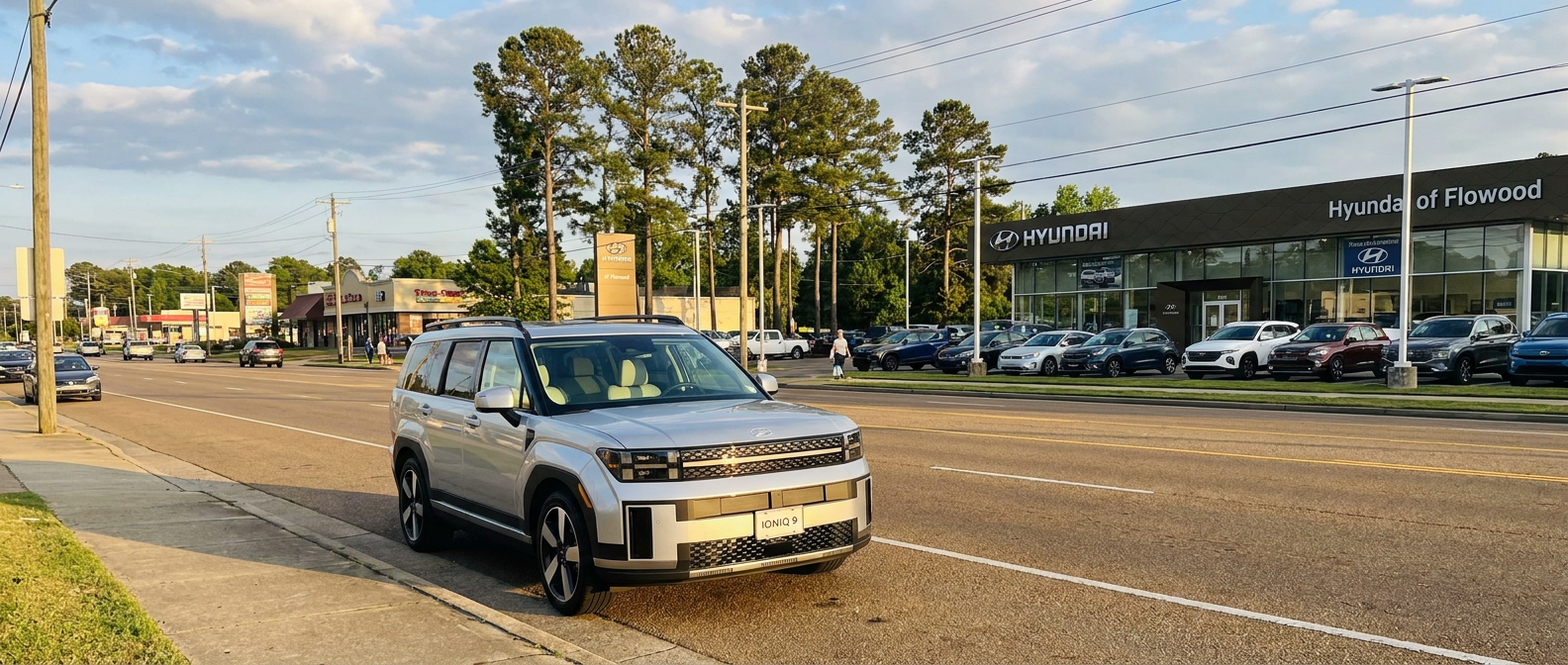 2026 Hyundai IONIQ 9 parked in Flowood Mississippi on a sunny afternoon outside a Hyundai dealership