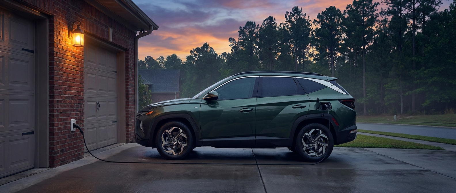 2026 Hyundai Tucson Plug-In Hybrid charging at a standard garage outlet in Flowood MS