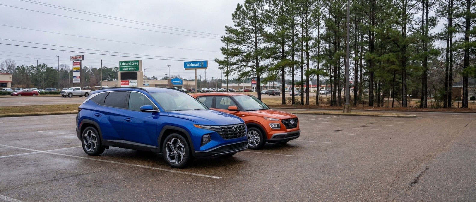 2026 Hyundai Kona and 2026 Hyundai Venue parked side by side near a Flowood, MS commercial corridor on an overcast afternoon
