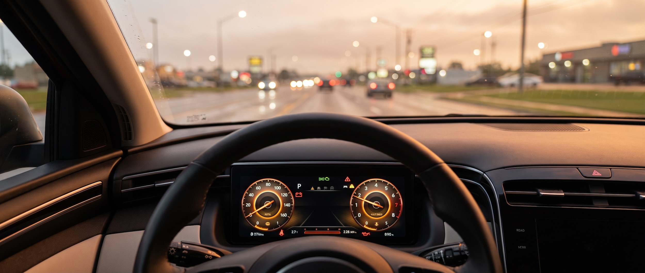 2026 Hyundai Tucson dashboard warning lights illuminated on Lakeland Drive in Flowood, MS