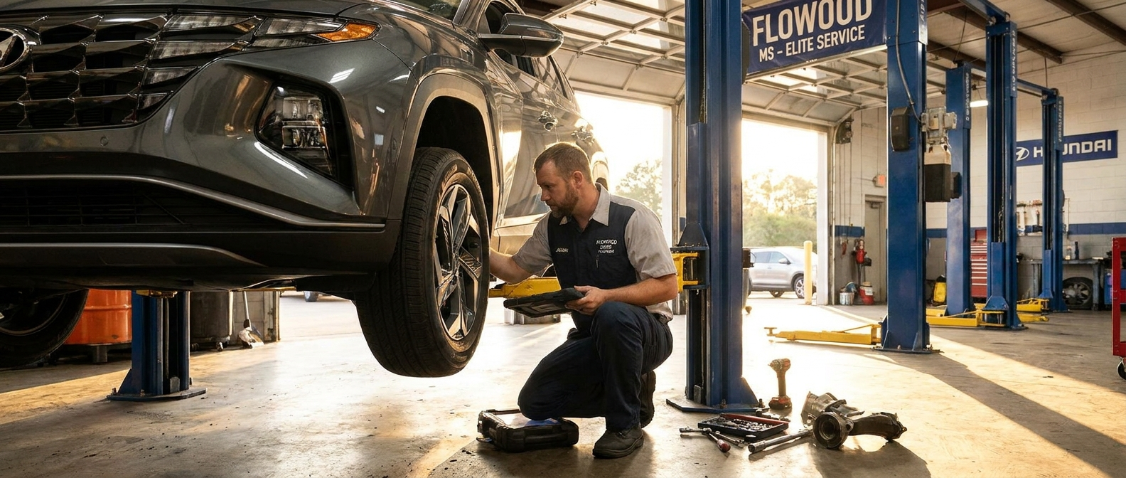 Hyundai technician inspecting front wheel and suspension of a 2026 Hyundai Tucson in a Flowood, MS service bay