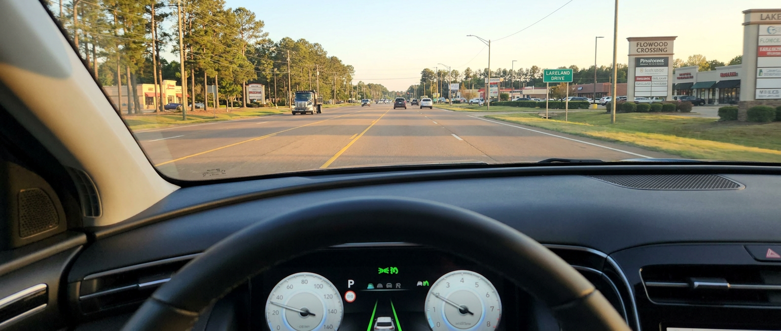 2026 Hyundai Tucson on a Flowood MS arterial road with SmartSense driver-assist technology active in the gauge cluster