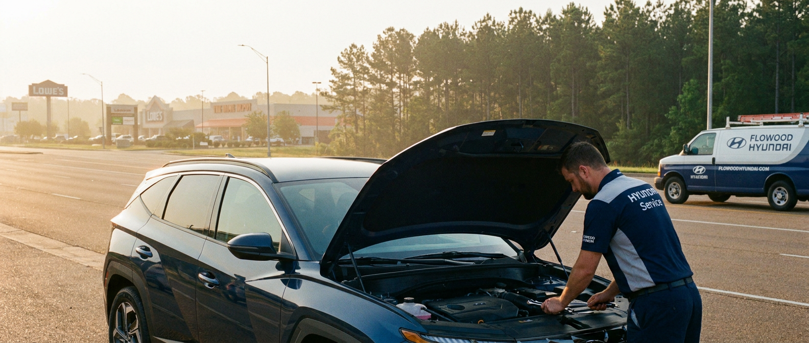 2026 Hyundai Tucson Hybrid battery inspection at a Flowood, MS dealership service bay in fall