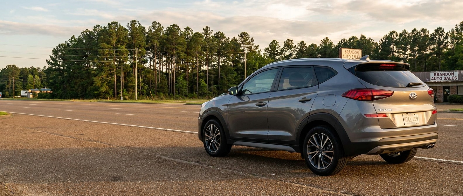 Used 2020-2021 Hyundai Tucson on a commercial road in Brandon, Mississippi, with pine treelines in the background