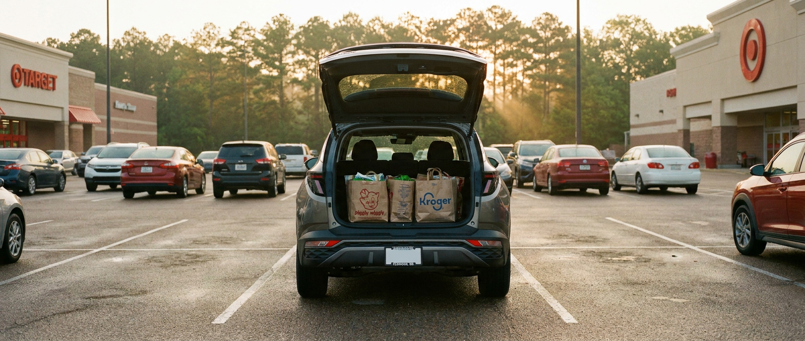 2026 Hyundai Tucson rear hatch open with groceries loaded in a Flowood, MS parking lot