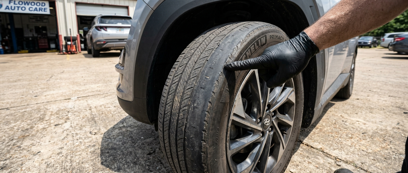 Hyundai Tucson tire showing uneven inner-edge wear on a Flowood, MS service bay floor