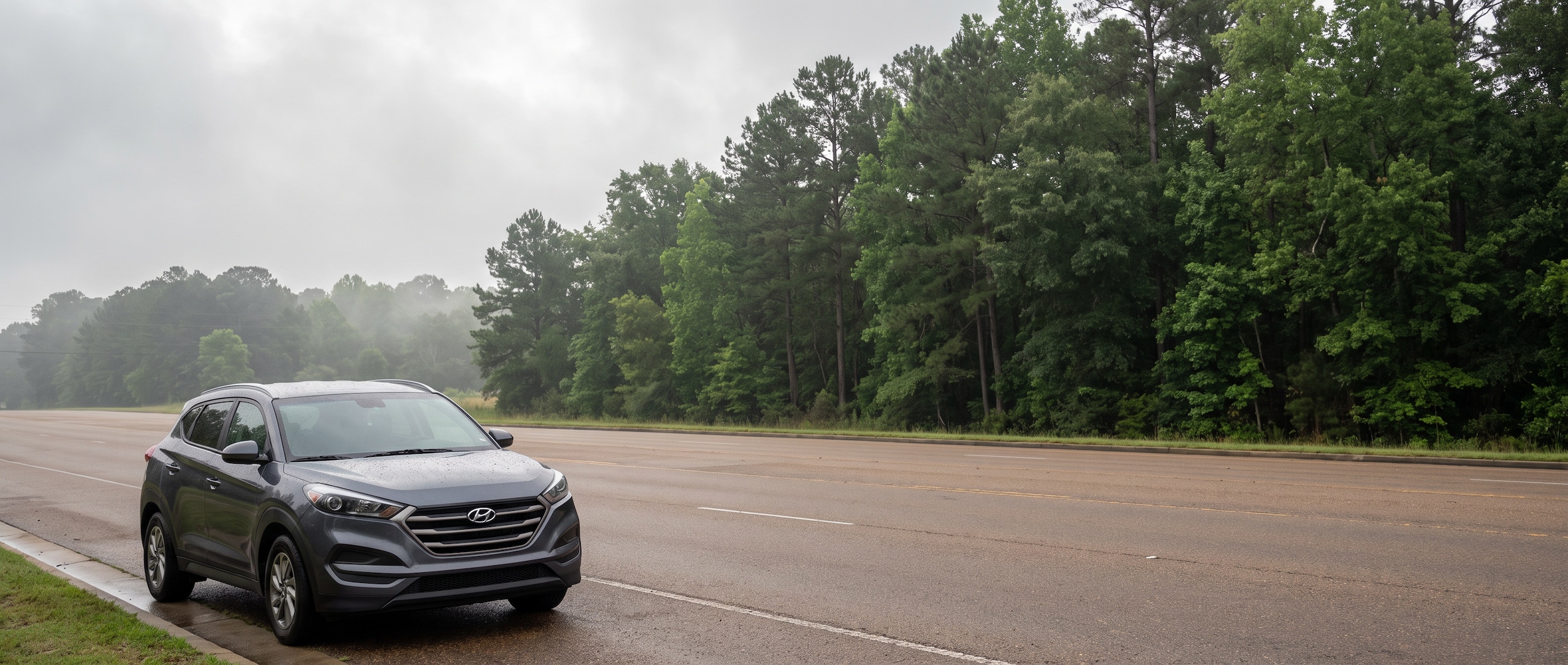 Hyundai Tucson on a humid Mississippi morning in the Jackson metro area near Ridgeland, with climate controls visible through the window