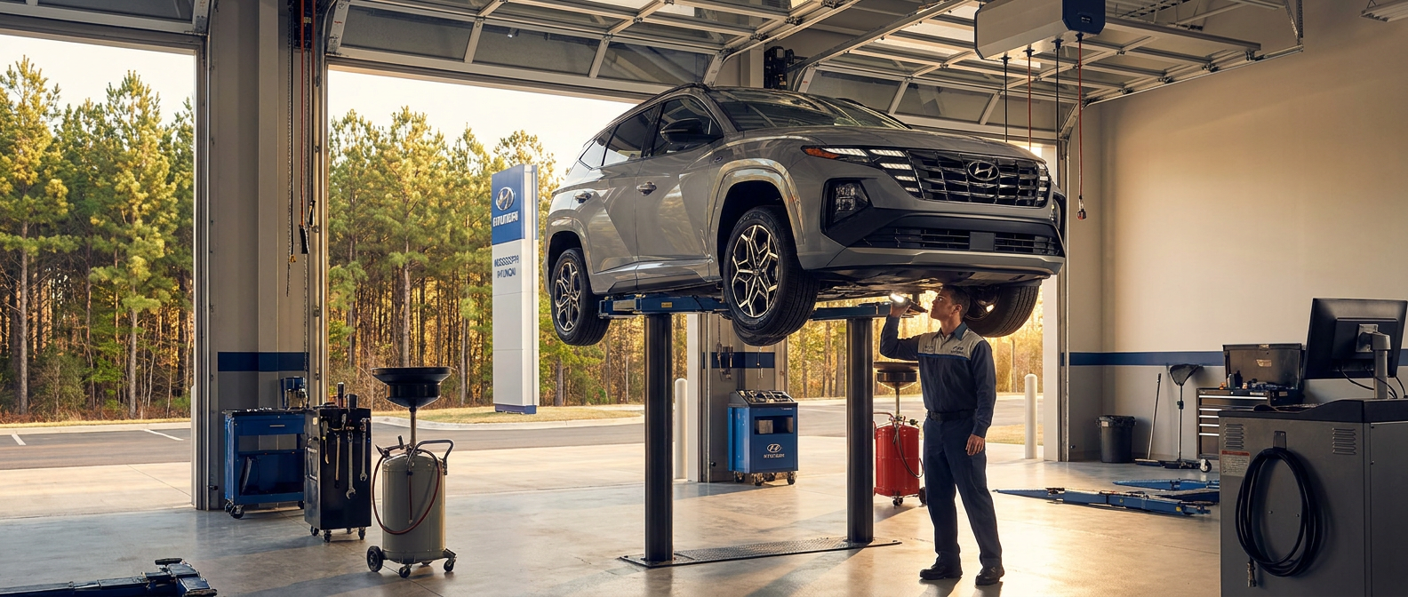 2026 Hyundai Tucson on a service lift at Hallmark Hyundai North in Ridgeland, MS