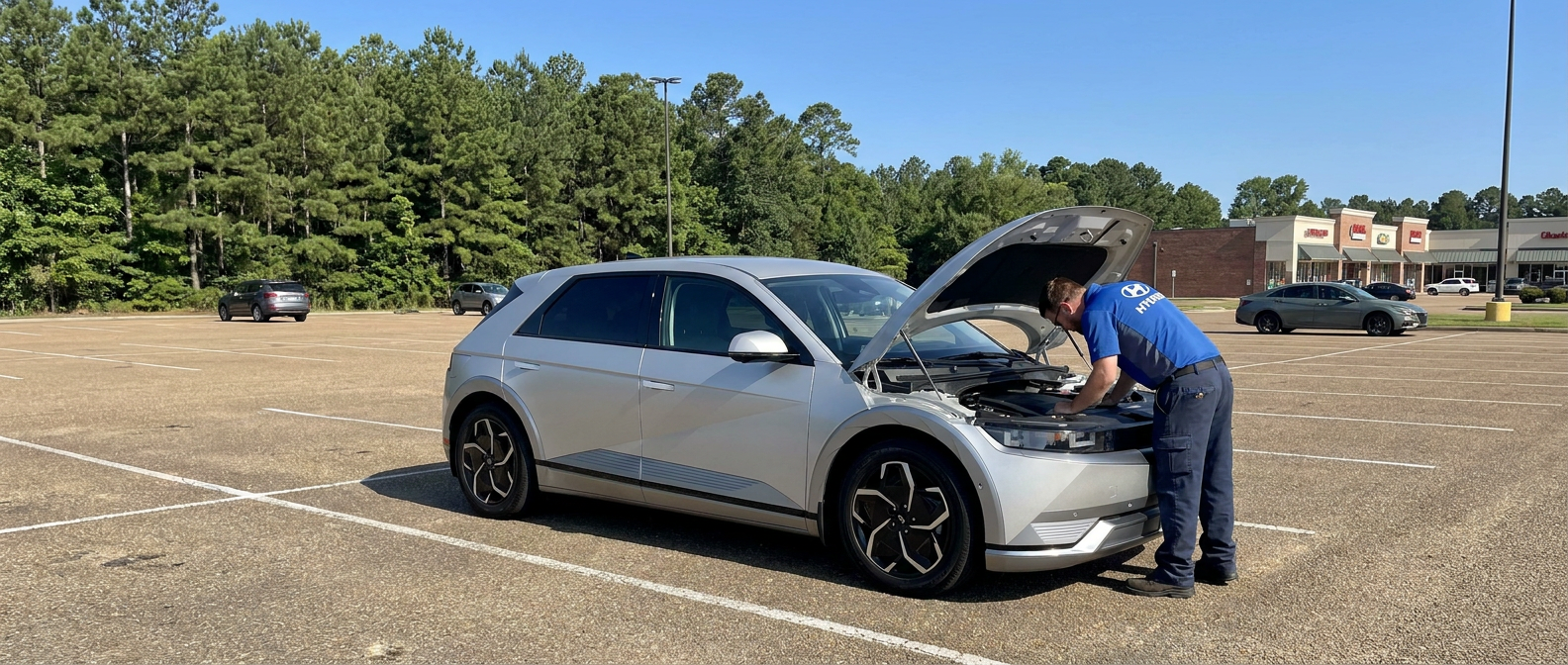 2027 Hyundai IONIQ 5 with hood open for battery service inspection in Ridgeland, Mississippi