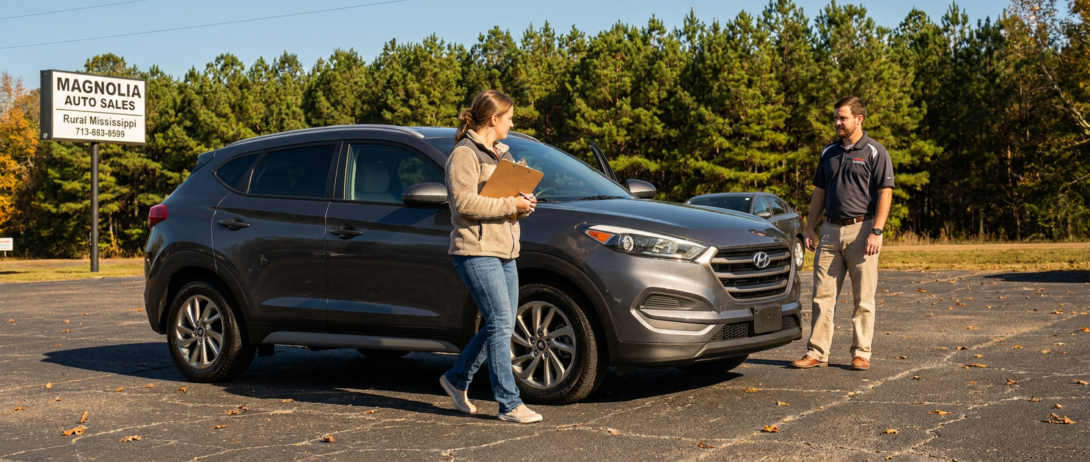 Used Hyundai Tucson on a Ridgeland MS dealership lot during a pre-purchase inspection walk-around