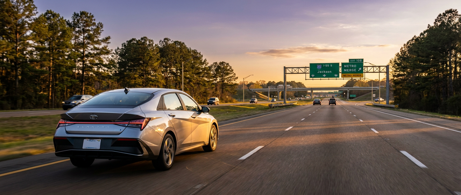 2026 Hyundai Elantra Hybrid on a Mississippi interstate highway at golden-hour light with pine treelines