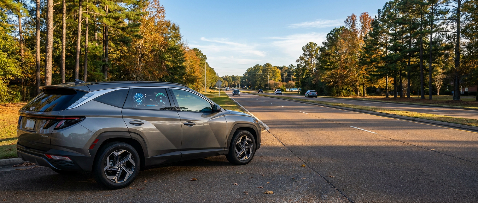 2026 Hyundai Tucson Hybrid on a Ridgeland MS road near Steed Road in afternoon light