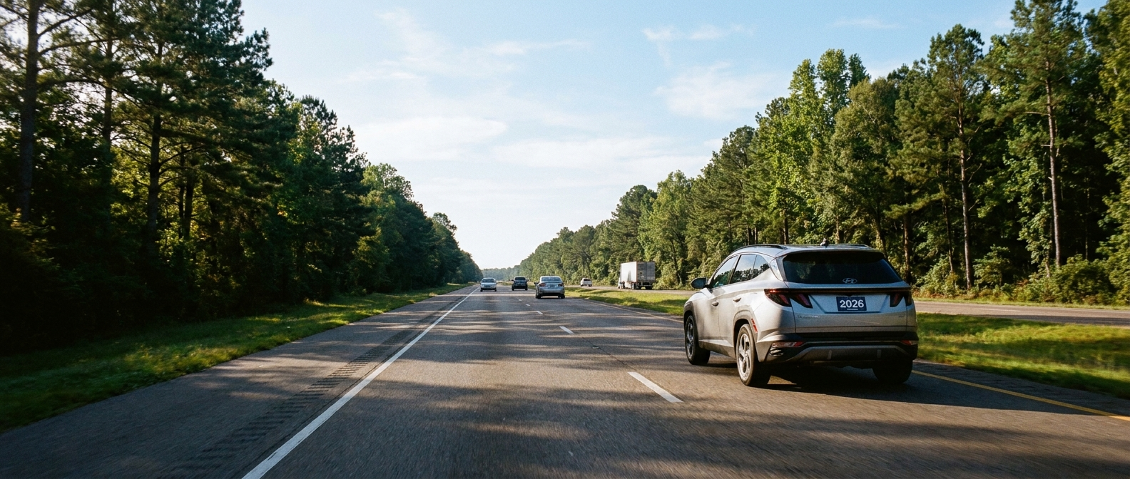 2026 Hyundai Tucson driving north on I-55 through Mississippi pine treeline in morning light