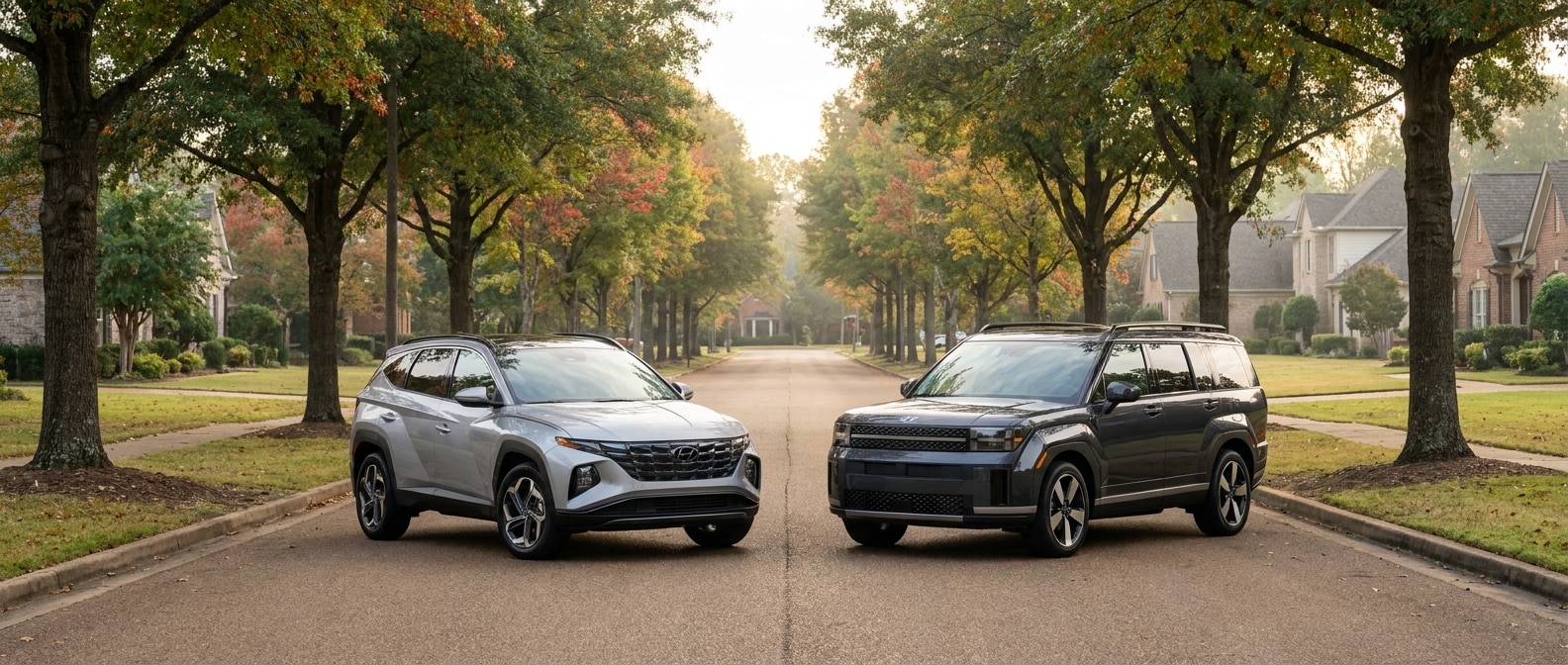 2026 Hyundai Tucson and 2026 Hyundai Santa Fe side by side on a fall morning in Ridgeland, MS