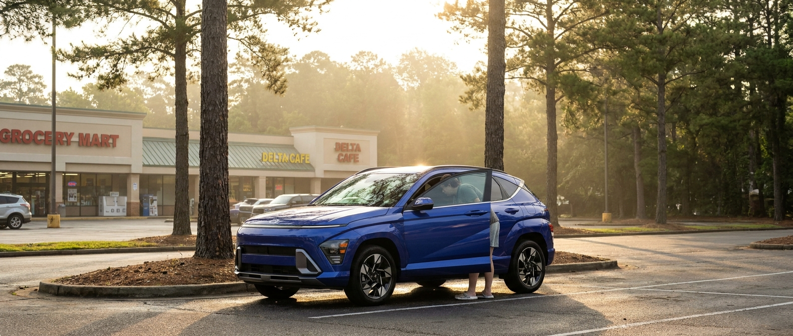 2026 Hyundai Kona parked at a Ridgeland MS shopping center on a sunny afternoon