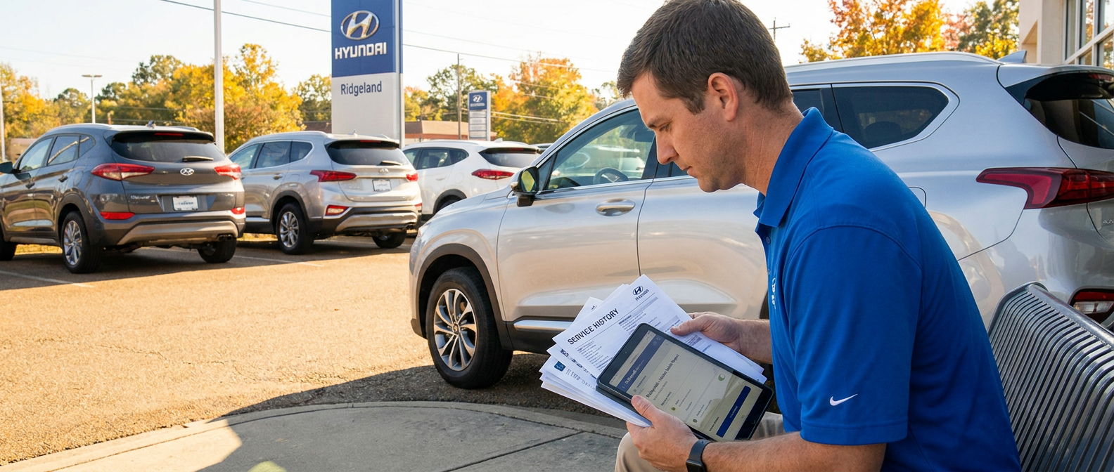 Used-car shopper reviewing a Hyundai service history record at a Ridgeland MS dealership